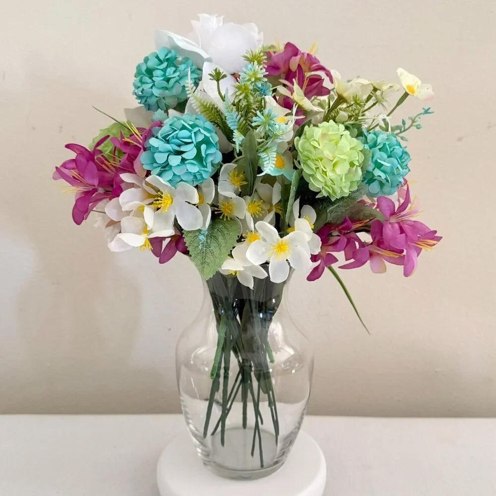 Handcrafted Floral Centerpiece Arrangement Clear Hourglass Vase Upcycled Decor